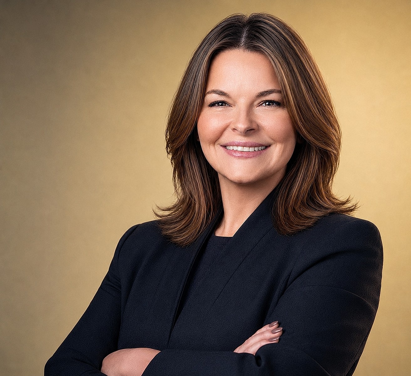 Smiling woman with crossed arms in professional attire.