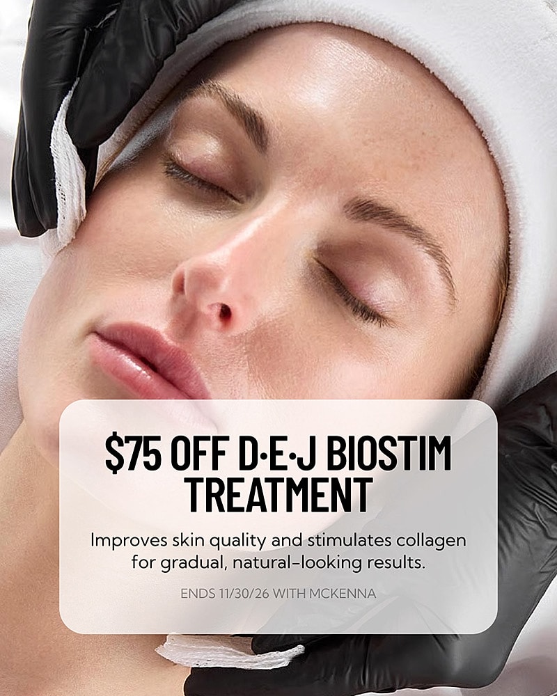 Skincare treatment promotional image with model.